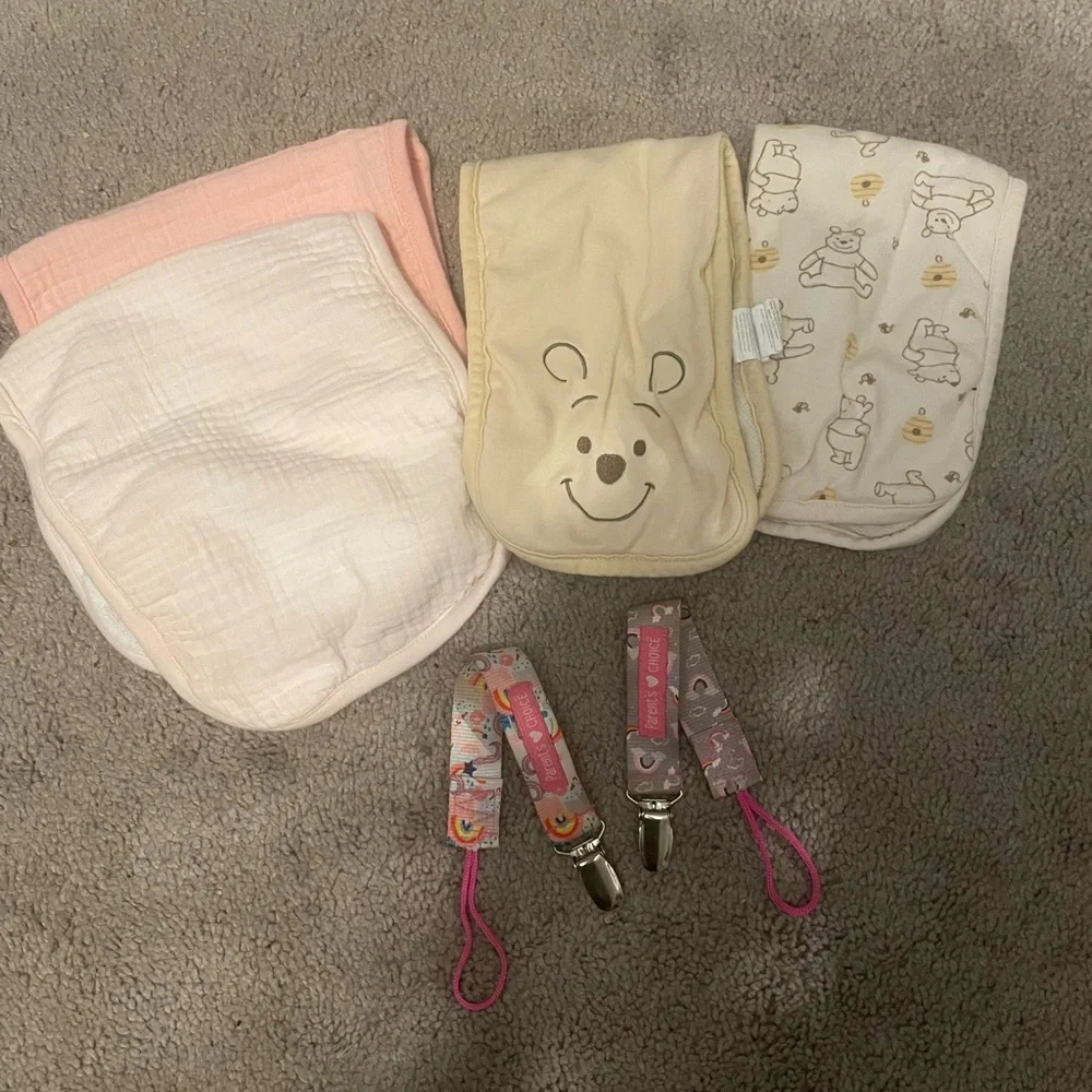 Adorable Kids Bib and Pacifier Clip Set - Cream, Pink, and Beige